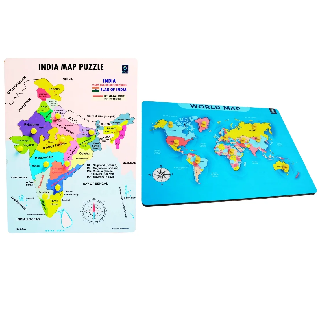 Metclap - India & World Map Wooden Knob Puzzle Combo